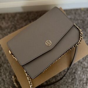 Tory Burch Taupe Crossbody Bag with Gold Chain